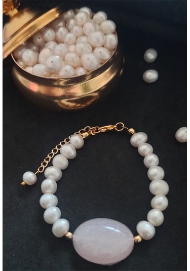 24k Altın Kaplama Gerçek İnci Pembe Sim Sedefli Oval Akrilik Deta