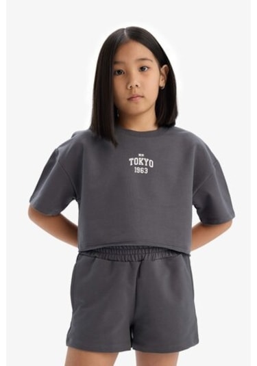 DeFacto Kız Çocuk 2'li Takım Baskılı Kısa Kollu Tişört Şort E0730A825SMAR15 Antrasit