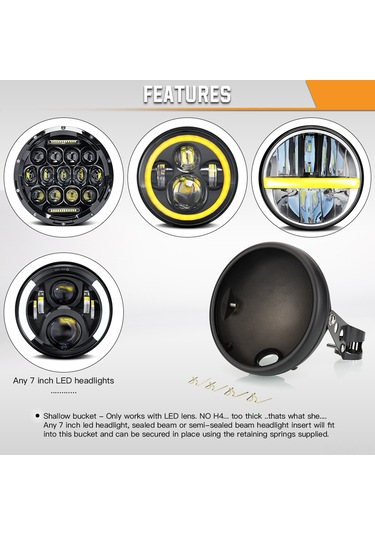 Youtek Motosiklet 7 İnç Çelik/ Demir Mat Siyah Far Kasa, Yeni Ve Kaliteli Modifikasyon Kapsülü