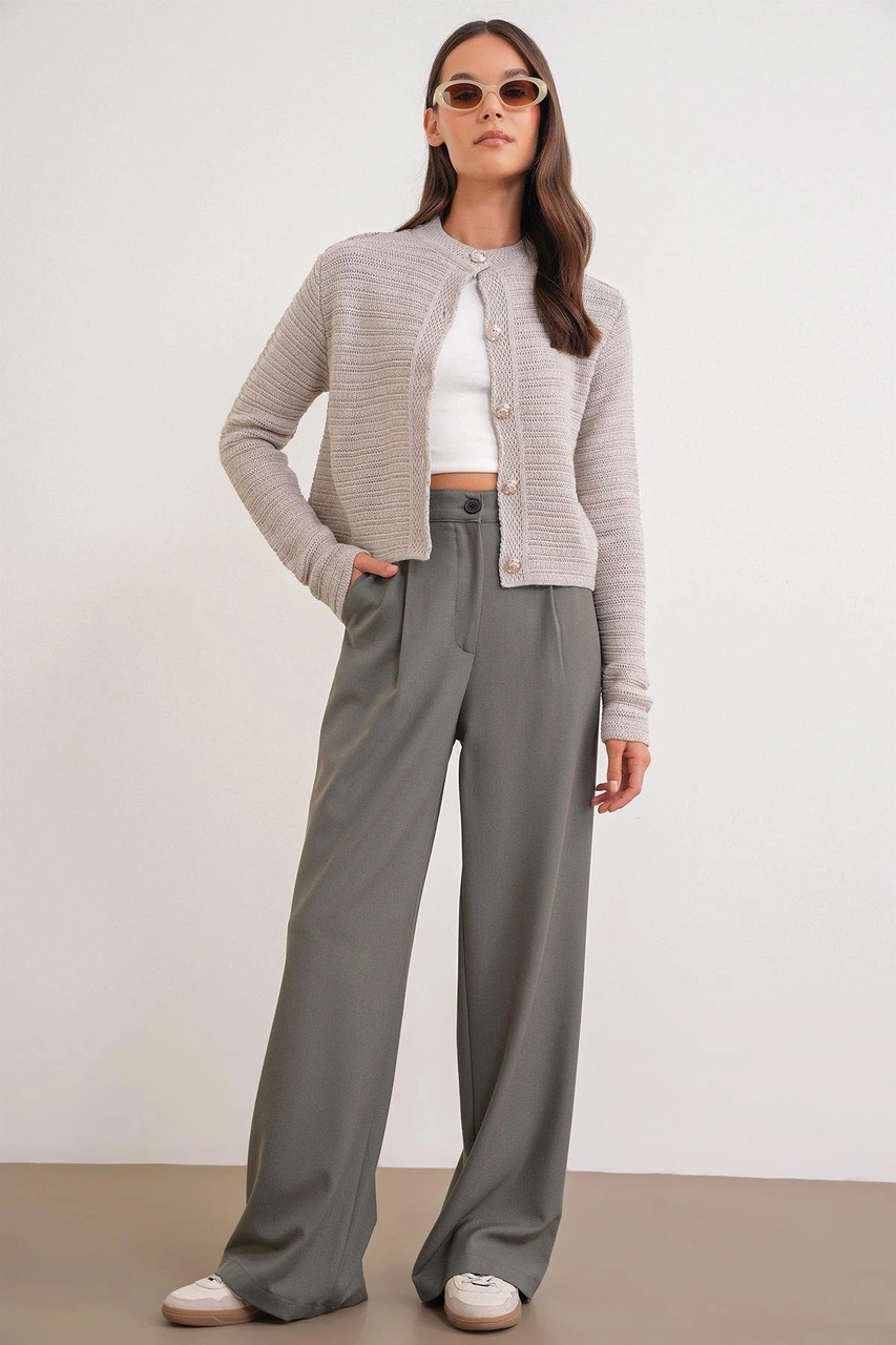 6778 Kadın Links Desenli Crop Triko Hırka Taş Taş