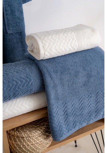 Oznhome Krem-mavi Çift Kişilik 6 Parça Bornoz Seti Krem - Mavi