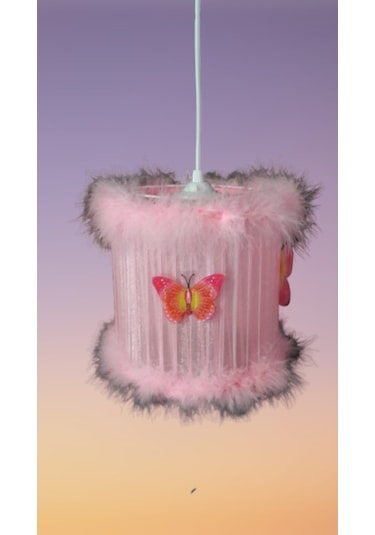 Pembe Kelebekli Tüylü Kız Çocuk Odası Avizesi