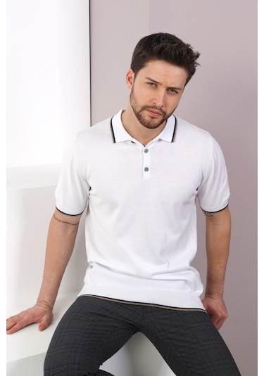 Ferraro Beyaz/Bej Yaka Şerit Düğmeli Erkek Pamuk Triko T-Shirt