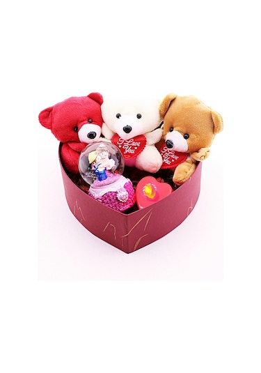 Sevgiliye Eşe Sürpriz Hediye Mini Ayıcıklar ve Aşıklar Kar Küresi Temalı Led Mumlu Kutu Orta Boy