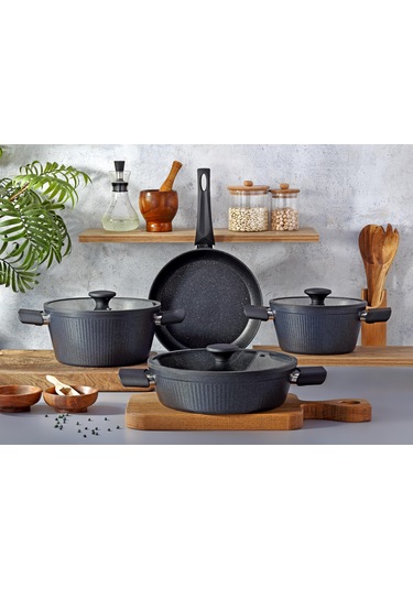 7 Parça İndüksiyon Cam Kapaklı Titanyum Kaplama Tencere Ve Tava S