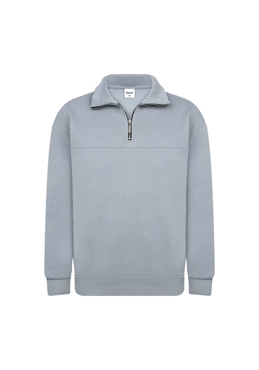 Classics Men Relax Fit Rahat Kesim Pamuklu Yarım Fermuarlı Dik Yaka Unisex Sweatshirt Gri