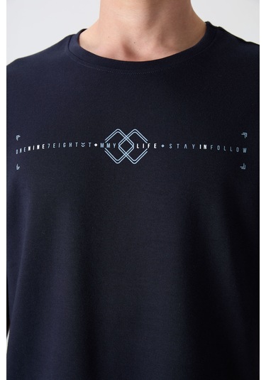 Tommy Life Lacivert Pamuklu Kalın Yumuşak Dokulu Oversize Fit Baskılı Erkek T-shirt - 88323 Lacivert