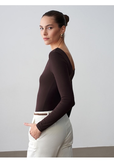 Dilvin 32776 Oval Yaka Bodysuit-koyu Kahve