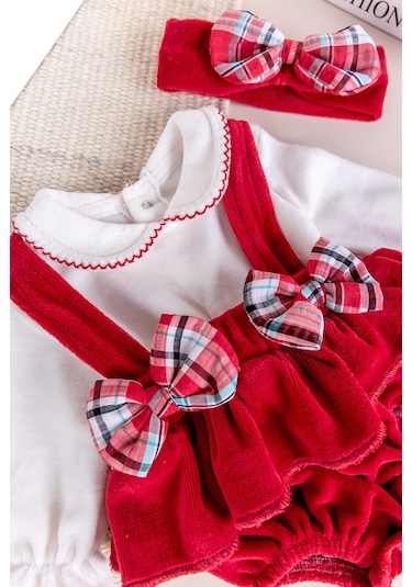 Fiyonklu Bandanalı Kadife Kız Bebek Tulum Salopet Bebek Elbise Kırmızı