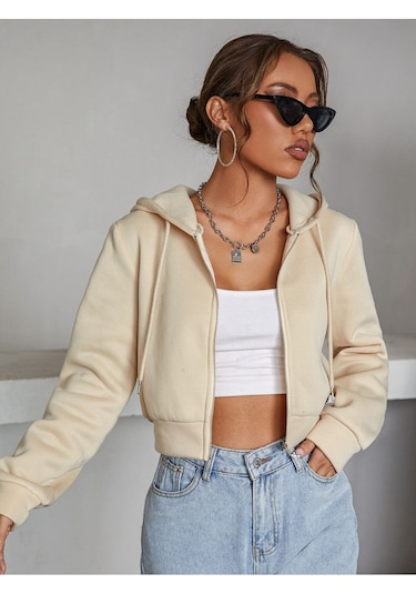 Kadın Kapüşonlu Fermuarlı Crop Hırka Sweatshirt -üç İplik Şardonlu