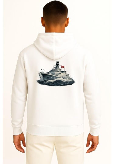 Kapüşonlu F514 Tcg Kınalıada Cep Ve Sırt Tasarımlı Unisex Sweatshirt Beyaz