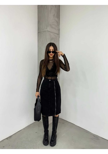 Shevega Kadın Siyah Ön Fermuar Detayli Kot Etek Siyah