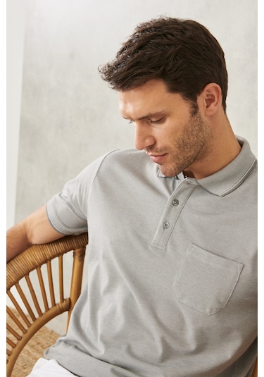 Ac&Co / Altınyıldız Classics Polo Yaka Cepli Regular Fit Bol Kesim Düz Tişört - 465114609 Gri