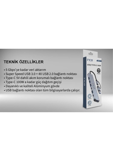 Inca Iutp-7t Usb+type-c Girişli Usb 3.0+4x Usb 2.0 Type-c 5v 2x Type-c 100w Çoklayıcı