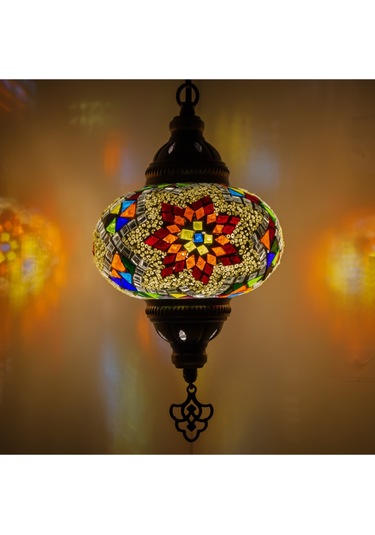 Otantik Mozaik Avize Tekli Sarkıt Renkli Tavan Lambası Renkli