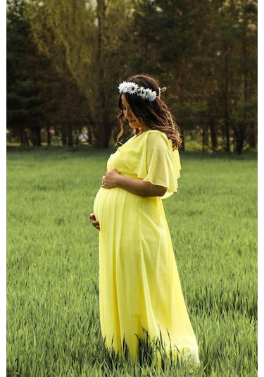 Modalabio Moda Labio- Babyshower Melek Kol Hamile Elbisesi Sarı