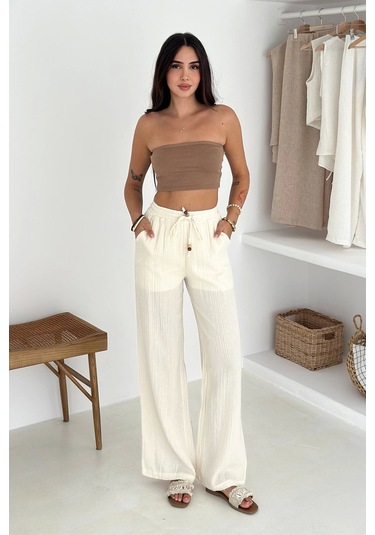 Beli Lastikli Geniş Paça Pantolon Ekru Ekru