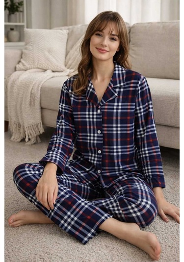 Tenra Kadın Pijama Takımı Boydan Düğmeli Likralı Viskos Kumaş Lacivert