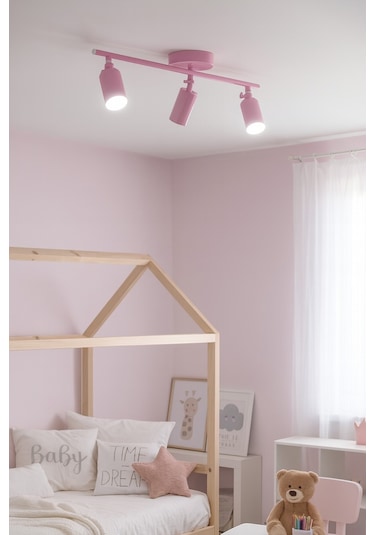 Spoti 3'lü Pembe Renk Beyaz Işık Modern Tasarım Salon - Mutfak - Banyo Spot Ledli Sıralı Avize Pembe