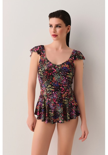 Suwen Garden Etekli Mayo Sb2519511061106 Siyah Çiçek Desenli