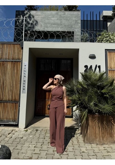 Kadın Keten Asimetrik Tek Omuzlu Bluz Pantalon Takım- Bordo Bordo