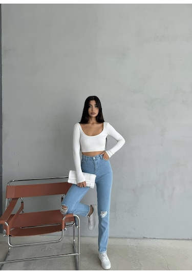 Kadın Mavi Likralı Diz Yırtmaçlı Dar Paça Jean Lazer Yırtıklı Kot Pantolon Mavi