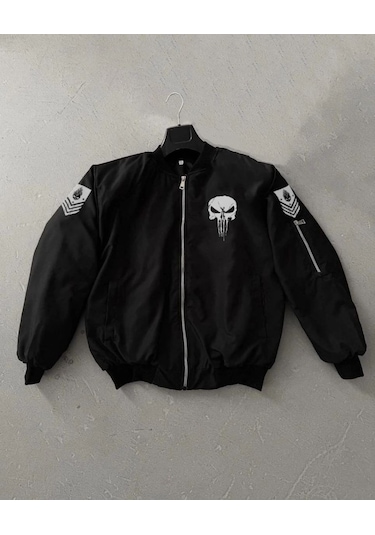 Mbb E-ticaret Erkek Siyah Askeri Tarz Bomber Mont Punisher Skull Detaylı Fermuarlı Cepli - Siyah