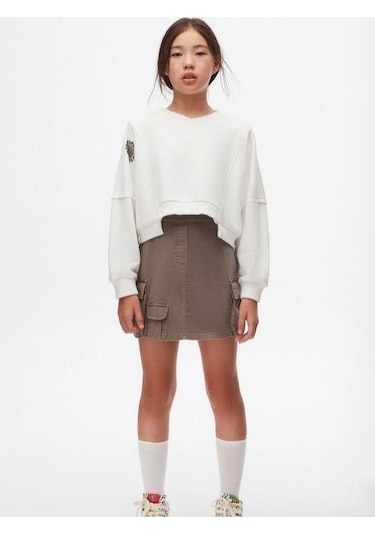 Kız Çocuk Pamuklu Bel Lastikli Kargo Cepli Antik Etek-14744 Haki