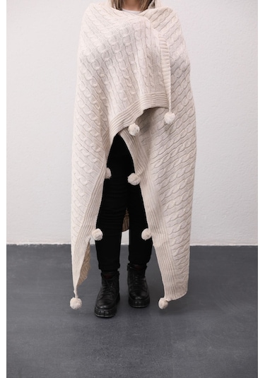 Biocotton Triko Ponponlu Örgü Tv Battaniyesi - Bej