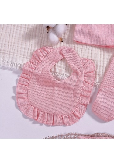 Omuzdan Fırfır Detaylı 5 Parça %100 Pamuk Kız Hastane Çıkışı Pembe