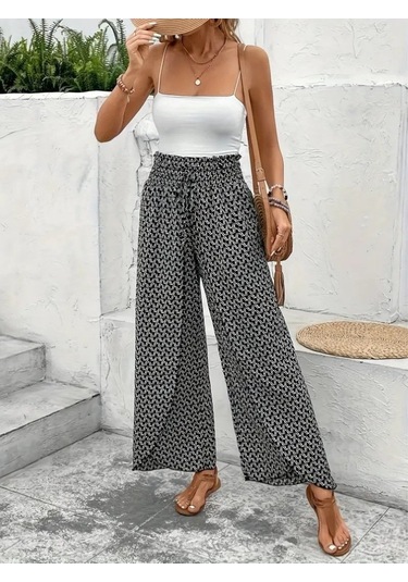 Leyla Sanat Sanata Yeni Bir Bakış Açısı Kadın Yüksek Bel Lastikli Önden Iki Parçalı Desenli Bürümcük Pantolon Siyah