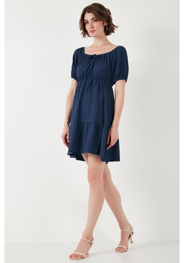 Lela Önü Büzgülü Balon Kollu Mini Bayan Elbise 5869005 Indigo