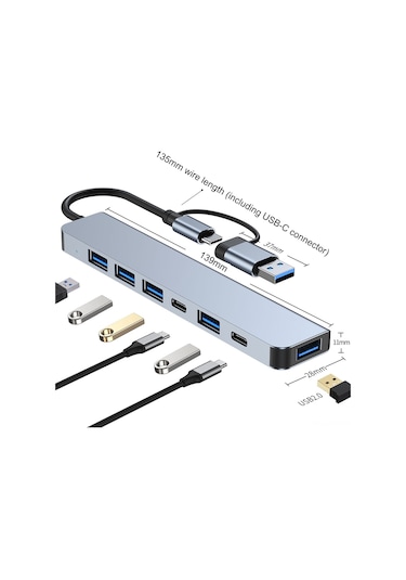 Mufunye Usb-c Ve Usb-a'dan 7 Porta Çevirici: Usb3.0, 4 Usb2.0, Pd Şarj Ve Veri Portu - Uzay Gri Hub
