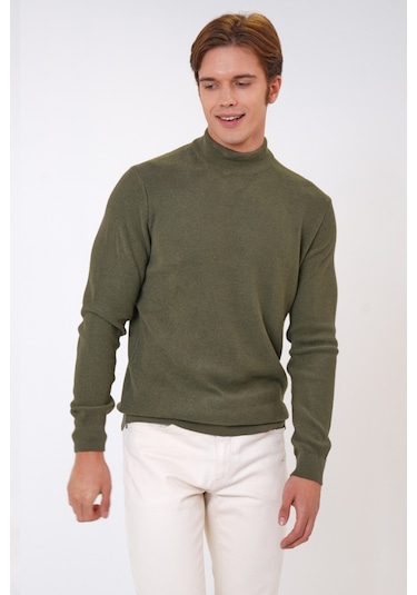 Haki Regular Fit Pamuklu Yarım Balıkçı Yaka Triko Kazak-haki Haki