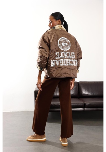 Kahverengi Çift Taraflı Şişme Polar Mont 01304 Kahverengi