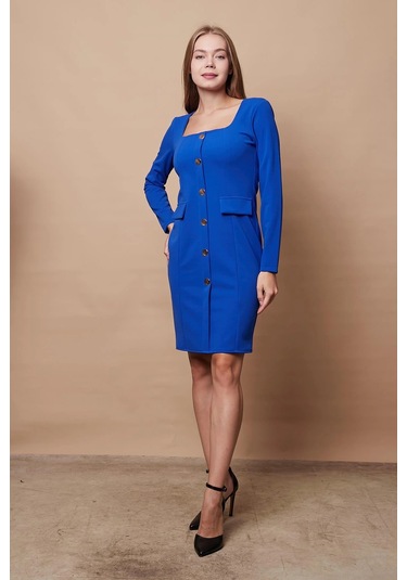 Kadın Likralı Krep Kumaş Kare Yaka Uzun Kol Önü Düğmeli Ofis Ceket Elbise-sax Sax