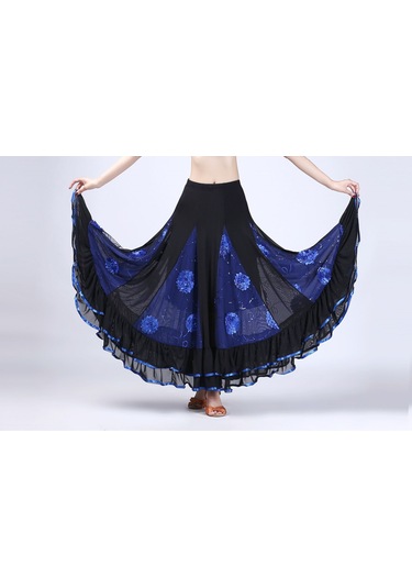 Sones Pullu Çiçek Salıncak Modern Dans Eteği Kraliyet Mavisi Siyah - Mavi
