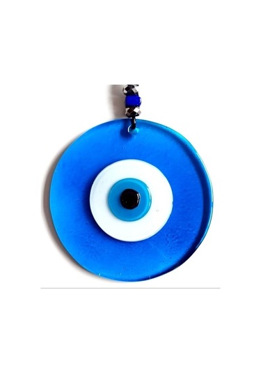 Nazar Boncuklu El Yapımı Deri İpli Açık Mavi Şeffaf Cam Duvar Süsü