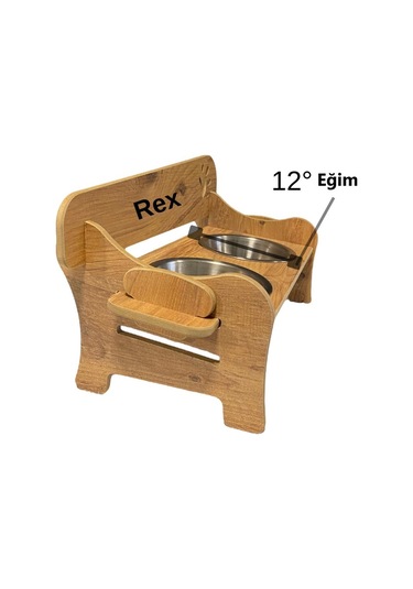 Realwood Ahşap Kademeli Eğimli Çelik Kaseli Kedi Köpek Mama Su Kabı 400 ML