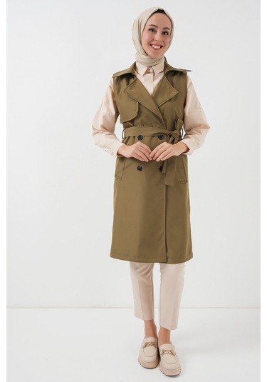 5911 Kruvaze Yaka Trençkot Yelek - Haki haki