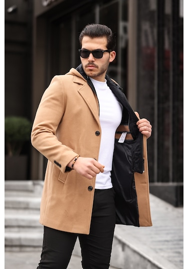 Erkek Vizon Yün Karışımlı Kaşe Kapüşonlu Önü Fermuarlı Kaban Vizon