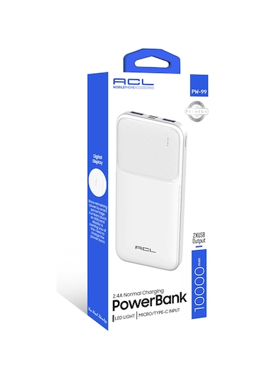 Acl Pw-99 10000mah Powerbank Beyaz Led Göstergeli, Çift Usb & Type-c Çıkışlı, Akıllı Güvenlik Sist BEYAZ