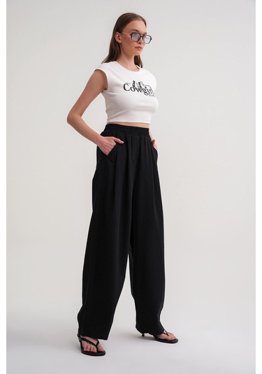 4682 Kadın Beli Lastikli Jogger Bol Keten Pantolon Siyah Siyah
