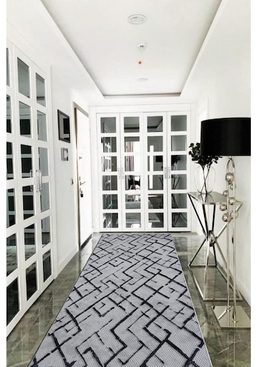 Siyah Gri Kaymaz Tabanlı Kesme Yolluk Koridor Mutfak Salon Halısı