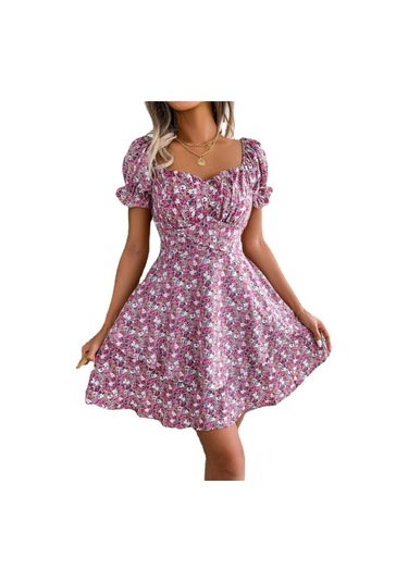 Gmxıa Yaz/ilkbahar Kadın Modası Dar Kesim Kare Yaka Kısa Kollu Elbise Mavi