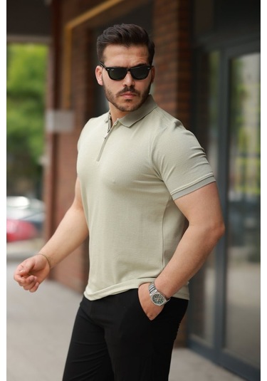 Erkek Fermuarlı Yaka Kısa Kollu Tişört Yeşil