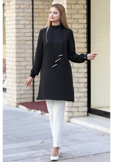 Işıltı Taş Detaylı Büyük Beden Tesettür Takım Siyah