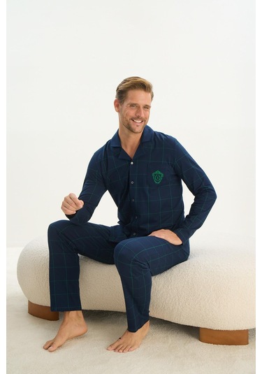 Erkek Uzun Kol Gömlek Yaka Önden Düğmeli Lacivert Pijama Takım C2t1n5o9 001