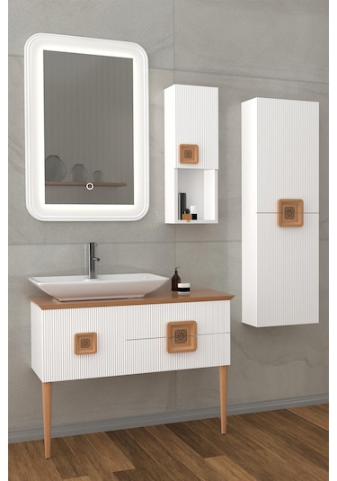 Zürih 100 Cm Beyaz Lavabolu Banyo Dolabı - Beyaz Kayın (Boy Dolap Dahil)