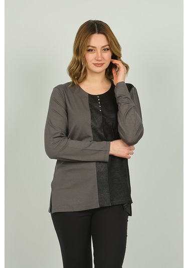 Detay Triko Kadın Suni Deri Detaylı Ve Desenli Uzun Kol Bluz 4553 Gri